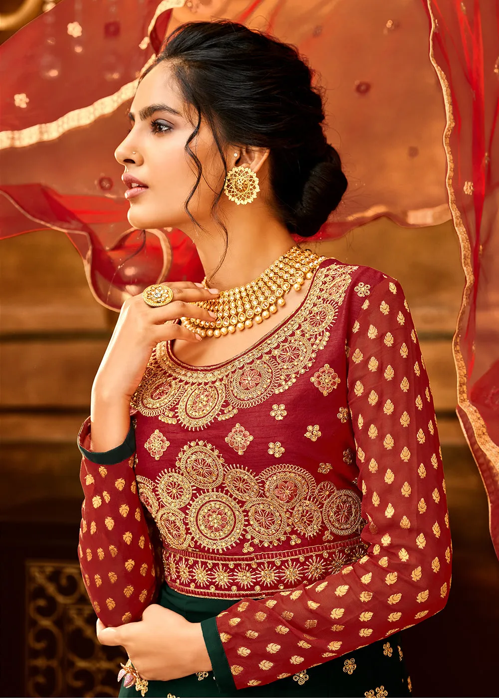 Trendy Red & Dark Green Embroidered Wedding Anarkali Gown