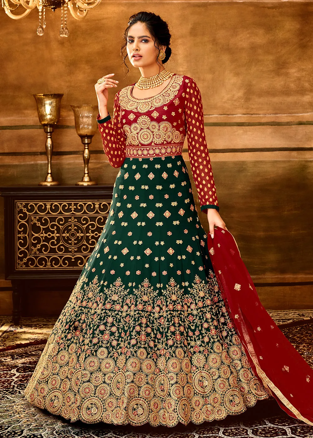 Trendy Red & Dark Green Embroidered Wedding Anarkali Gown