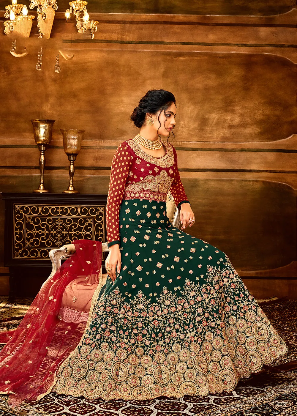 Trendy Red & Dark Green Embroidered Wedding Anarkali Gown