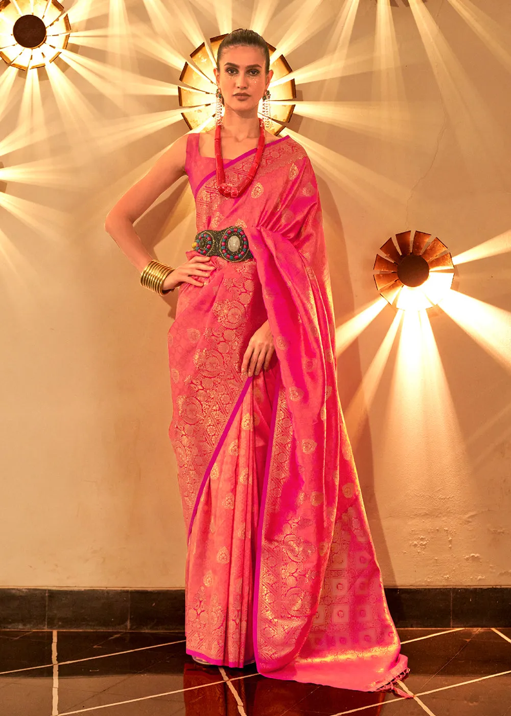 Trendy Weaving Silk Hot Pink Designer Saree