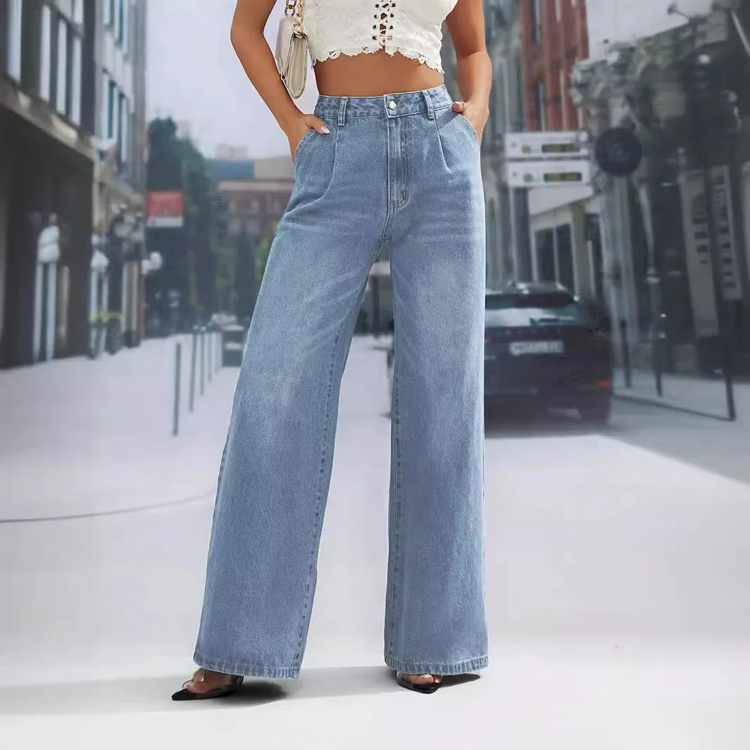 Women Clothing Denim Fashionable Figure Flattering High Waist Wide Leg Straight Denim Trousers