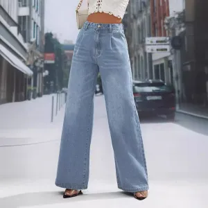 Women Clothing Denim Fashionable Figure Flattering High Waist Wide Leg Straight Denim Trousers