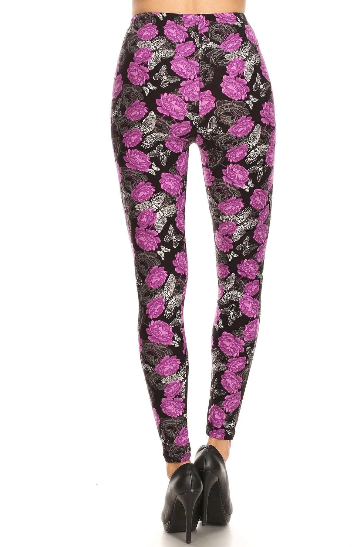 Women's Plus Purple Rose Butterfly Pattern Printed Leggings